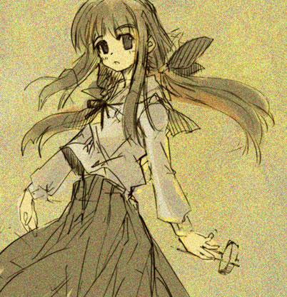 momiji mao, shirogane souju, futakoi, lowres, 00s, 1girl, black eyes, dress, expressionless, female focus, monochrome, ponytail, sepia, solo