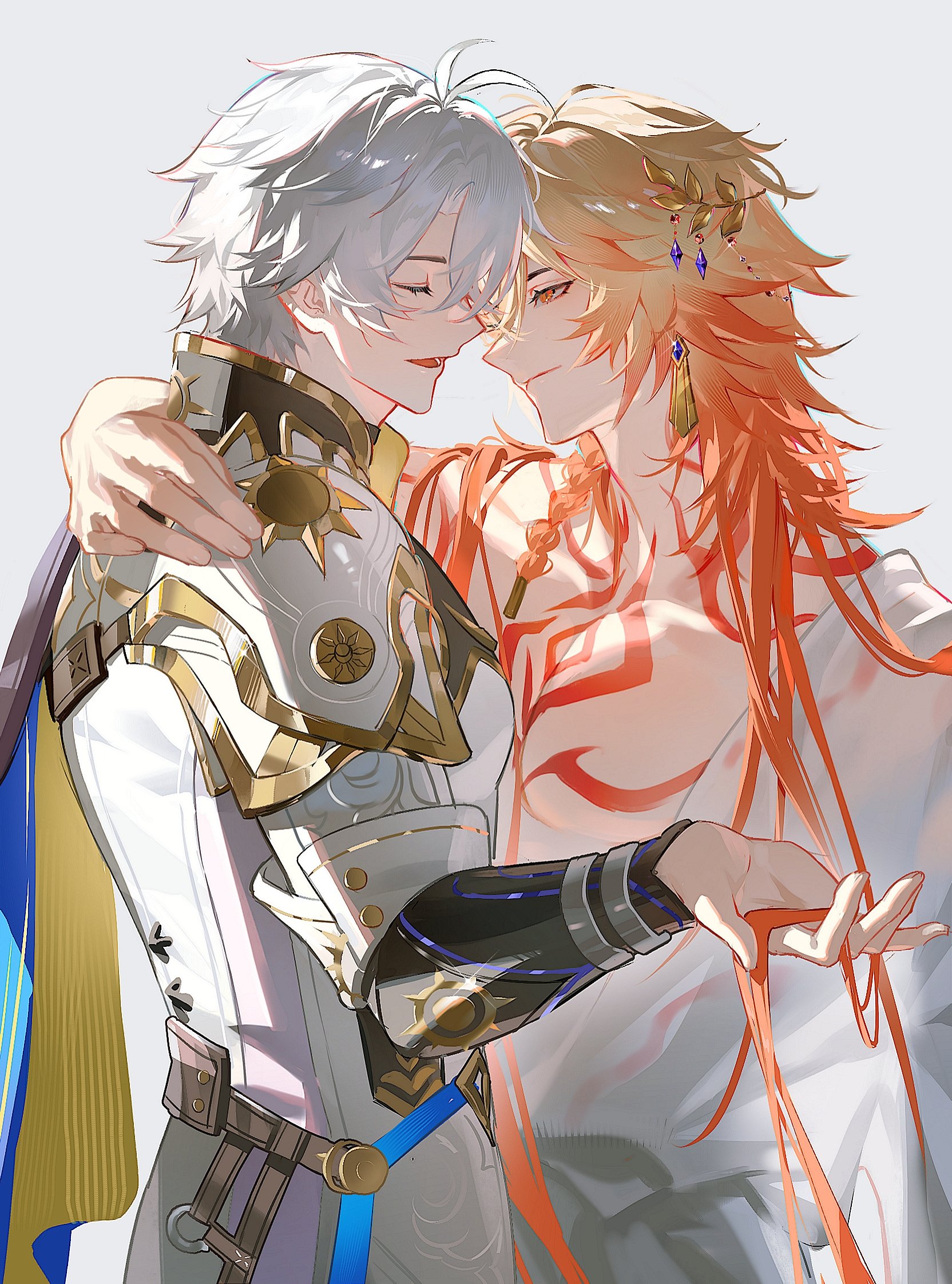 suirandanshihao, mydei (honkai: star rail), phainon (honkai: star rail), honkai: star rail, honkai (series), highres, 2boys, blue cape, cape, closed eyes, closed mouth, coat, grey background, grey hair, hair between eyes, half-closed eyes, male focus, medium hair, multiple boys, muscular, muscular male, open mouth, orange eyes, red tattoo, short hair, simple background, smile, two-sided cape, two-sided fabric, upper body, white coat, yaoi, yellow cape