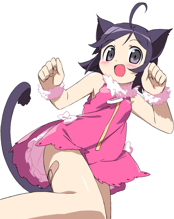 kanzaki hiro, original, 1girl, :d, ahoge, animal ears, bandaid, black eyes, black hair, blush, bow, cat ears, cat girl, cat tail, dress, fang, female focus, fur trim, loli, looking at viewer, open mouth, pink dress, short hair, simple background, sleeveless, sleeveless dress, smile, solo, tail, white background, wrist cuffs