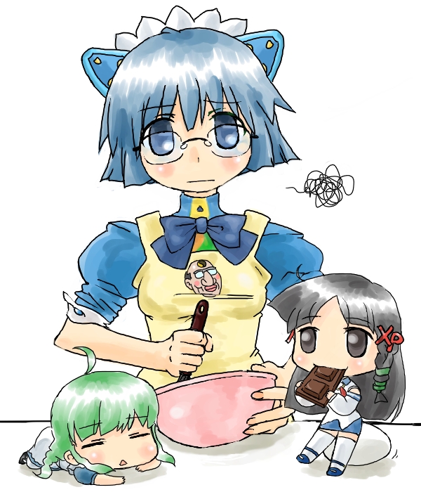 2k-tan, me-tan, xp-tan, os-tan, white legwear, 3girls, ahoge, apron, black eyes, black hair, blue eyes, blue hair, blush, bow, chibi, chocolate, closed eyes, eating, glasses, green eyes, green hair, looking at viewer, mixing bowl, multiple girls, squiggle, thighhighs, triangle mouth, white background, zettai ryouiki