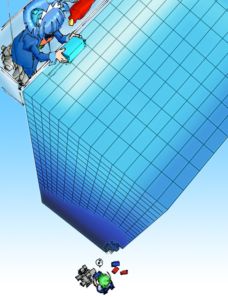 2k-tan, me-tan, microsoft, microsoft windows, os-tan, windows 2000, windows classic, windows me, 2girls, ahoge, block (object), blue background, blue hair, brick, defragmentation, from above, full body, glasses, gradient background, green hair, maid headdress, multiple girls, musical note, simple background, speech bubble, spoken musical note