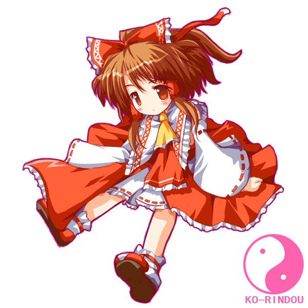ai takurou, hakurei reimu, touhou, light brown hair, 1girl, aged down, ascot, bow, capelet, female focus, full body, hair tubes, half updo, head tilt, looking at viewer, petite, red eyes, shoes, simple background, sitting, solo, white background, wide sleeves, yin yang