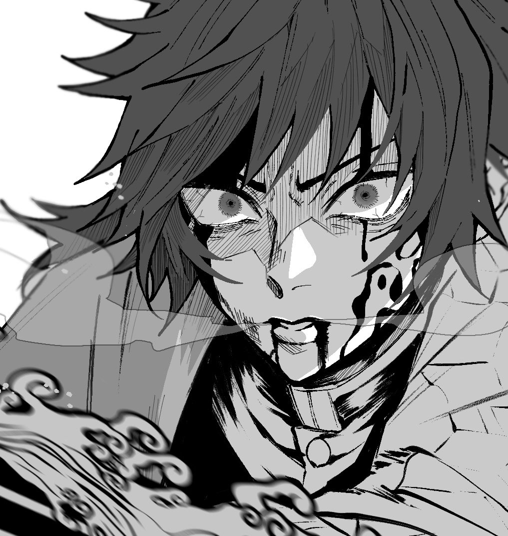 tomioka giyuu, kimetsu no yaiba, 1boy, ano 9x, black hair, black jacket, blood, blood from mouth, blood on face, bloody tears, breath, buttons, close-up, constricted pupils, greyscale, haori, jacket, japanese clothes, long hair, low ponytail, male focus, monochrome, ponytail, simple background, solo, upper body, water, white background