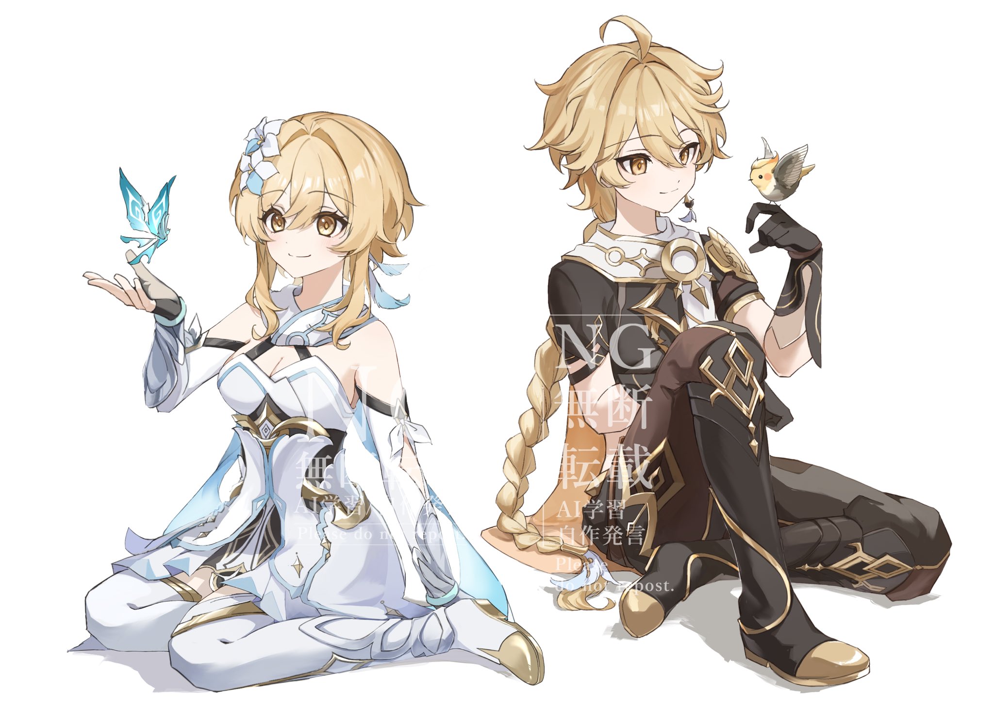 situki, aether (genshin impact), crystalfly (genshin impact), lumine (genshin impact), genshin impact, commentary, highres, 1boy, 1girl, ahoge, bare shoulders, black pants, blonde hair, braid, braided ponytail, breasts, brother and sister, cleavage, closed mouth, detached sleeves, dress, earrings, fingerless gloves, gloves, hair between eyes, hand up, jewelry, long hair, medium breasts, pants, short hair with long locks, siblings, simple background, single earring, sitting, sleeveless, sleeveless dress, smile, thighhighs, very long hair, wariza, watermark, white background, white dress, white sleeves, white thighhighs, yellow eyes