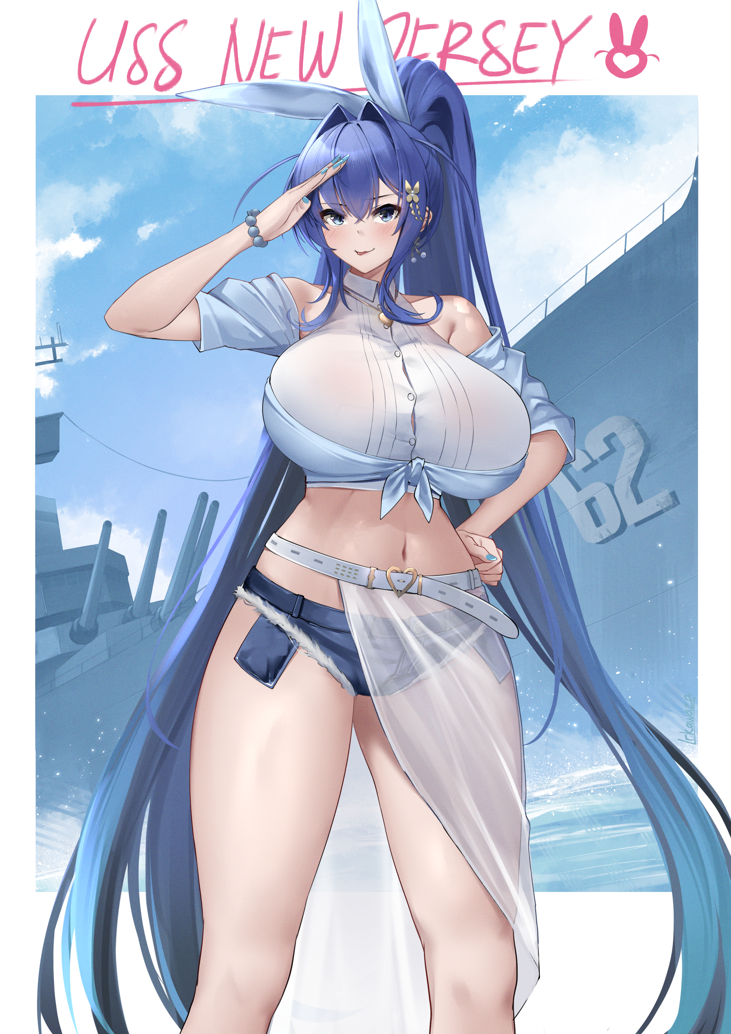irkawaza, new jersey (azur lane), uss new jersey (bb-62), azur lane, absurdres, commentary, english commentary, highres, 1girl, :3, absurdly long hair, alternate costume, alternate hairstyle, animal ear hairband, animal ears, aqua nails, arm up, bare shoulders, battleship, bead bracelet, beads, belt, blue eyes, blue hair, blue shirt, blue sky, blush, bracelet, breasts, butterfly hair ornament, button gap, character name, cloud, collarbone, collared shirt, crop top, crossed bangs, cutoffs, day, denim, denim shorts, exposed pocket, fake animal ears, fingernails, hair between eyes, hair intakes, hair ornament, hairband, hand on own hip, high ponytail, jewelry, large breasts, long fingernails, long hair, long skirt, looking at viewer, micro shorts, midriff, military vehicle, navel, ocean, off shoulder, ponytail, rabbit ears, salute, see-through clothes, see-through skirt, ship, shirt, shorts, sidelocks, skirt, sky, sleeveless, sleeveless shirt, smile, solo, standing, tied shirt, tongue, tongue out, very long hair, warship, watercraft, white belt, white shirt