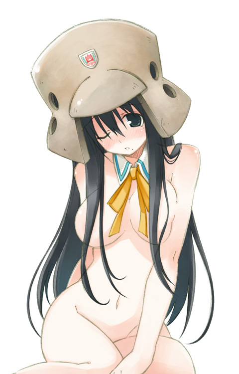 murata mine, oono kanako, ritsuko kubel kettenkrad, genshiken, kujibiki unbalance, 1girl, black eyes, black hair, blush, breasts, breasts apart, censored, convenient censoring, cosplay, detached collar, embarrassed, emblem, female focus, groin, hair between eyes, hair censor, hair over breasts, head tilt, helmet, large breasts, long hair, looking at viewer, mole, mole under eye, mole under mouth, navel, neck ribbon, nose blush, nude, one eye closed, parted lips, ribbon, ritsuko kubel kettenkrad (cosplay), sidelocks, simple background, sitting, solo, very long hair, white background, yokozuwari