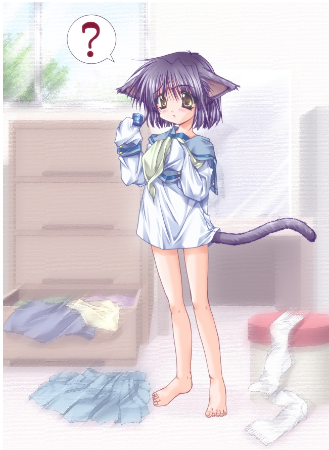 original, 1girl, ?, animal ears, blue hair, blush, brown eyes, cat ears, cat girl, cat tail, female focus, full body, hands in opposite sleeves, indoors, school uniform, serafuku, skirt, solo, speech bubble, spoken question mark, standing, tail, toenails