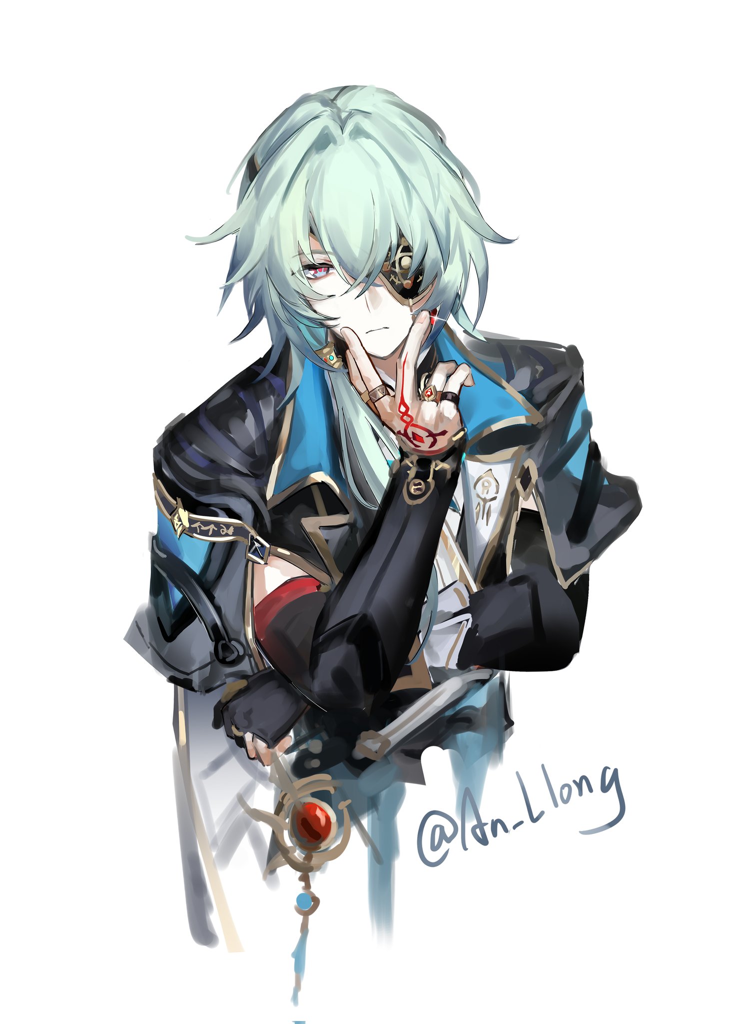 anaxa (honkai: star rail), honkai: star rail, honkai (series), highres, 1boy, an llong, aqua hair, black jacket, blue eyes, closed mouth, eyepatch, half-closed eyes, hand tattoo, hand up, jacket, looking at viewer, male focus, medium hair, multicolored eyes, one eye covered, pink eyes, red tattoo, simple background, solo, tattoo, twitter username, two-tone eyes, white background