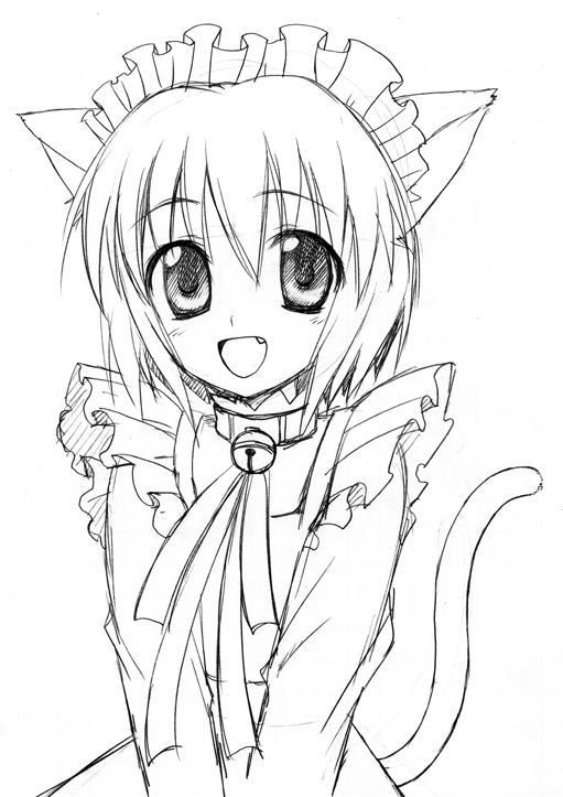 1girl, animal ears, bell, cat ears, cat girl, cat tail, collar, fang, female focus, greyscale, maid, maid headdress, monochrome, neck bell, simple background, solo, tail