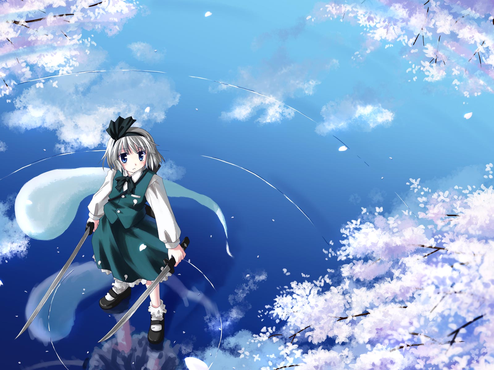 yuuki tatsuya, konpaku youmu, konpaku youmu (ghost), touhou, silver hair, has bad revision, has downscaled revision, highres, md5 mismatch, resolution mismatch, source smaller, 1girl, black shoes, blouse, blue eyes, bobby socks, cherry blossoms, collared shirt, dual wielding, female focus, hitodama, holding, katana, reflection, reflective water, ripples, scabbard, sheath, shirt, shoes, short hair, socks, solo, standing, standing on liquid, sword, water, weapon, white shirt, white socks