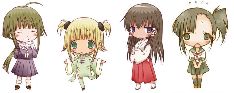kufei, nagase kaede, sakurazaki setsuna, tatsumiya mana, mahou sensei negima!, hands together, white legwear, 00s, 4girls, ahoge, arm behind back, asymmetrical bangs, black eyes, black hair, black socks, blonde hair, blouse, blunt bangs, blush, breasts, chibi, chibi only, chinese clothes, closed eyes, closed mouth, crossed arms, facing viewer, full body, green eyes, green hair, hair ornament, hair tie, hair tubes, hakama, hand up, happy, height difference, index finger raised, japanese clothes, kimono, kneehighs, leg up, lineup, long hair, long sleeves, looking at viewer, looking to the side, matching hair/eyes, multiple girls, neckerchief, nervous, open mouth, pleated skirt, pointing, ponytail, purple eyes, purple shirt, red hakama, red neckerchief, ribbon, sailor collar, school uniform, serafuku, shirt, shoes, short sleeves, short twintails, shy, side ponytail, side slit, simple background, skirt, smile, socks, standing, standing on one leg, tongue, twintails, very long hair, white background, white kimono, white neckerchief, wide sleeves