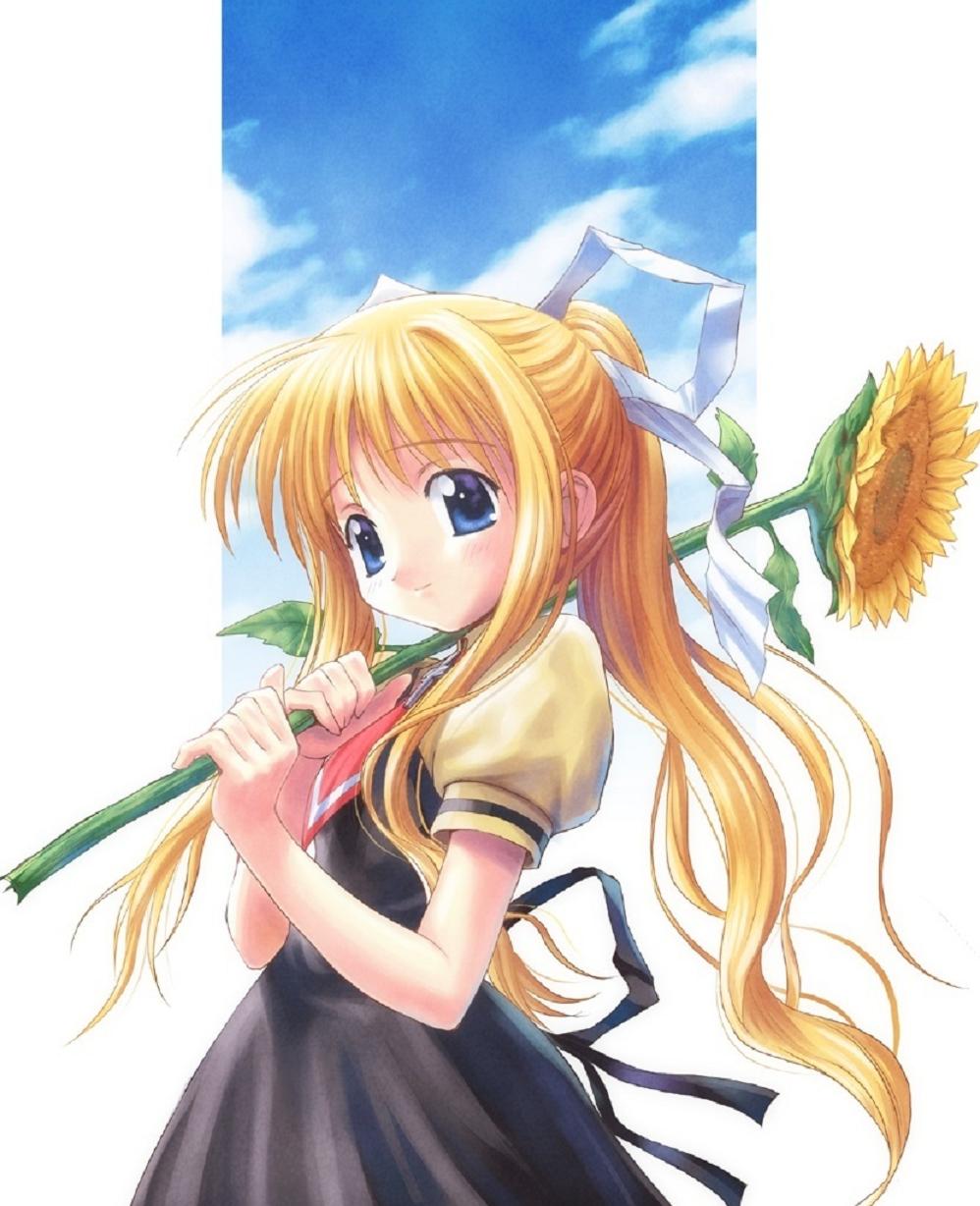 goto p, himawari, kamio misuzu, air (visual novel), highres, resized, upscaled, 00s, blonde hair, blue eyes, flower, long hair, school uniform, serafuku, smile, solo, sunflower, very long hair