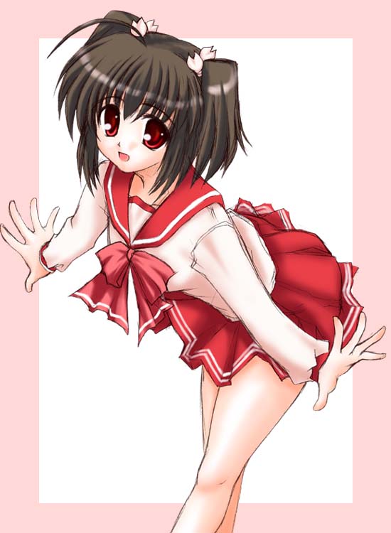 yuzuhara konomi, to heart (series), to heart 2, 00s, 1girl, ahoge, bent over, black hair, bow, female focus, outstretched arms, pink bow, pleated skirt, red eyes, school uniform, serafuku, short twintails, skirt, solo, spread arms, twintails