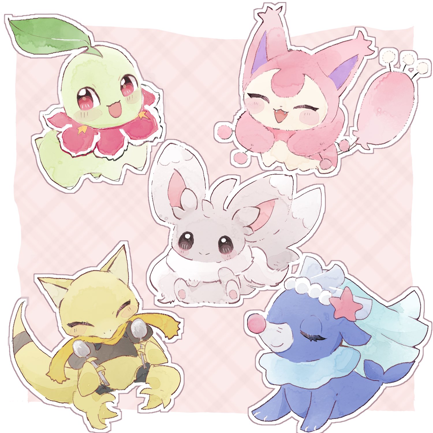 kako xox, abra, chikorita, minccino, popplio, skitty, nintendo, pokemon, commentary request, highres, blush, brown eyes, closed eyes, gen 1 pokemon, gen 2 pokemon, gen 3 pokemon, gen 5 pokemon, gen 7 pokemon, holding, holding spoon, no humans, pokemon (creature), pokemon focus, red eyes, scarf, smile, spoon