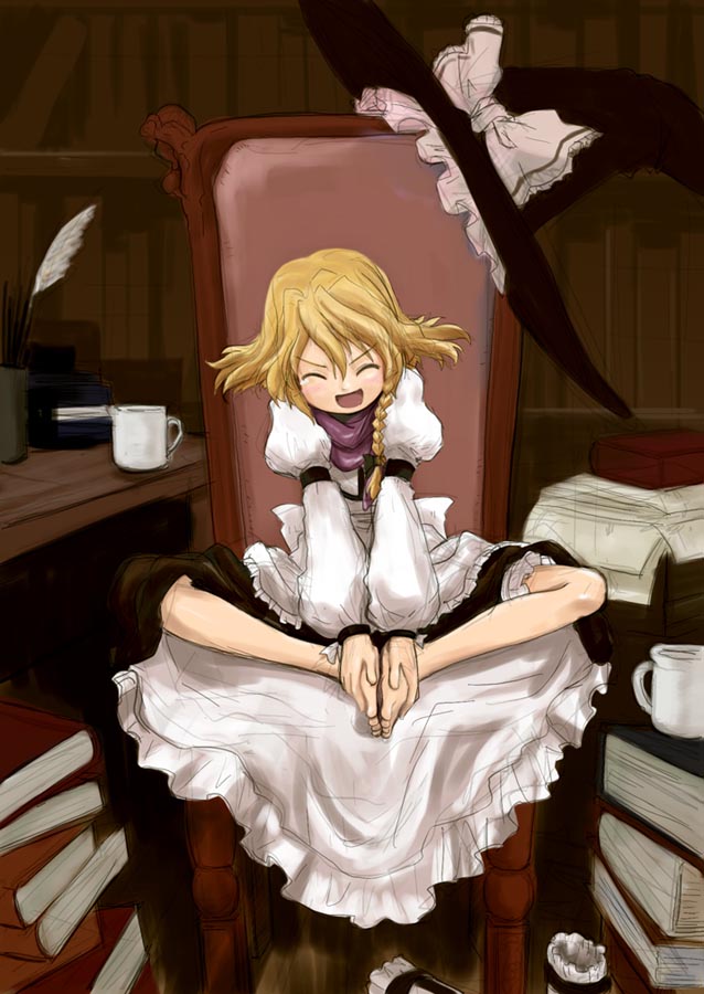 kirisame marisa, touhou, 1girl, barefoot, blonde hair, book, braid, butterfly sitting, chair, cup, female focus, hat, laughing, legs, library, mug, on chair, quill, single braid, sitting, smile, solo, spread legs, unworn hat, unworn headwear, witch, witch hat