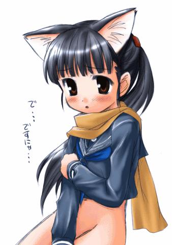 mako-hime, real life, lowres, translation request, 1girl, animal ears, blush, bottomless, cat ears, female focus, navel, no panties, ponytail, real life insert, scarf, school uniform, serafuku, solo