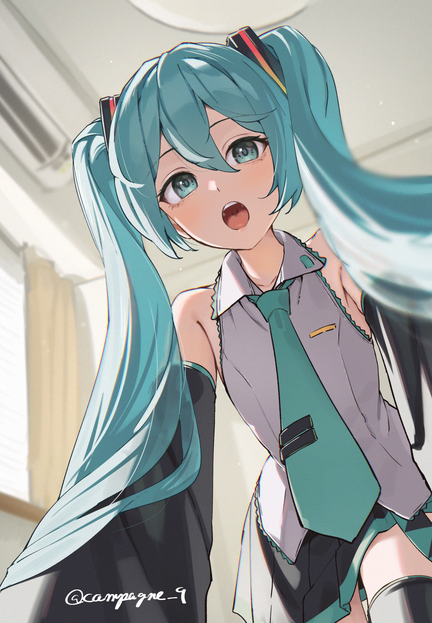 kanpa (campagne 9), hatsune miku, vocaloid, highres, 1girl, aqua eyes, aqua hair, aqua necktie, bare shoulders, black sleeves, detached sleeves, grey shirt, hair between eyes, hair ornament, headset, long hair, looking at viewer, necktie, number tattoo, open mouth, shirt, skirt, sleeveless, solo, tattoo, thighhighs, twintails, very long hair