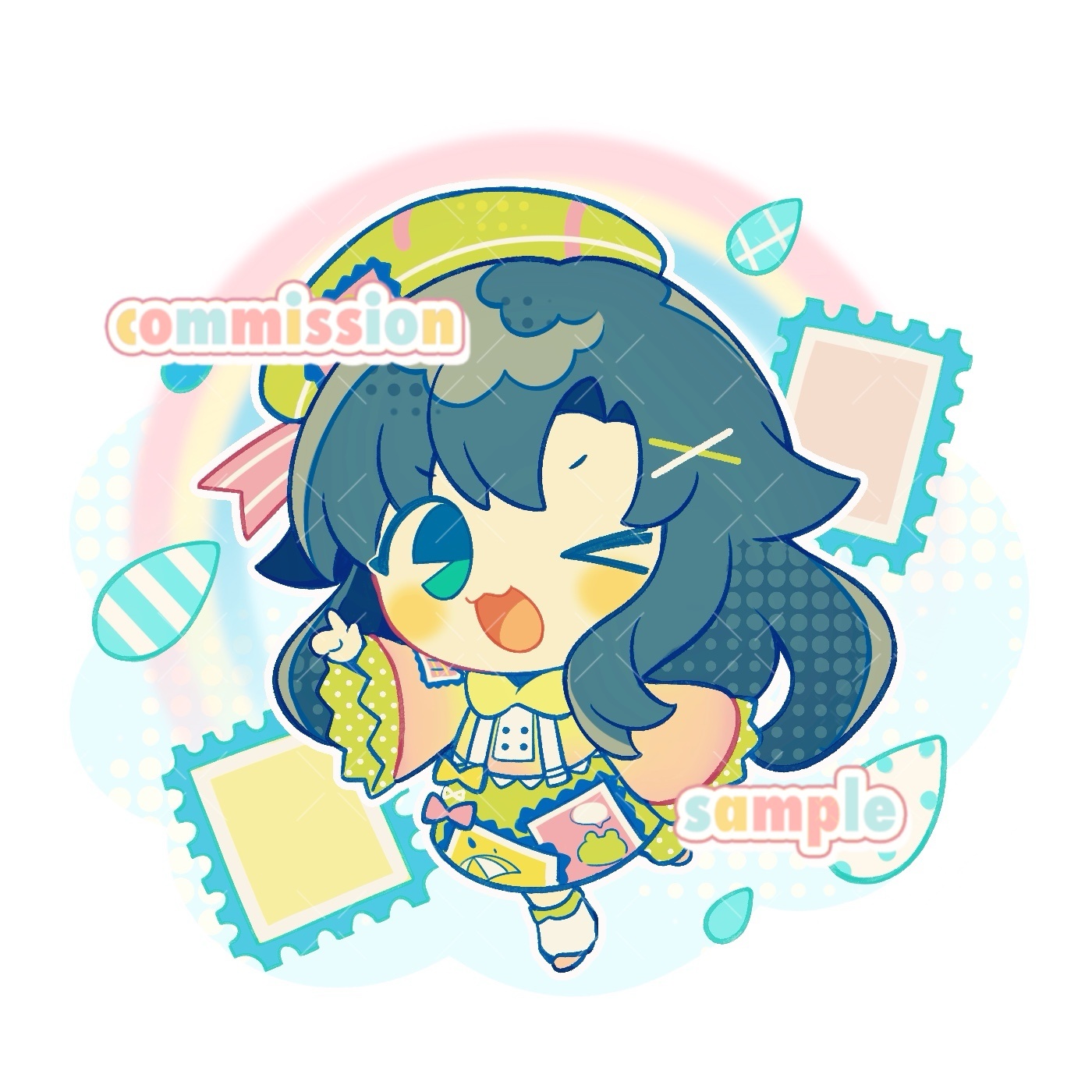 inomo (qimoshu), original, chinese commentary, commentary request, commission, highres, > o, 1girl, :3, ;d, blush, brown shoes, full body, green eyes, green hair, green hat, green skirt, hair ornament, hat, long hair, long sleeves, looking at viewer, one eye closed, open mouth, orange shirt, outline, parted bangs, sample watermark, shirt, shoes, skirt, smile, socks, solo, standing, standing on one leg, suspender skirt, suspenders, watermark, white outline, white socks, wide sleeves, x hair ornament