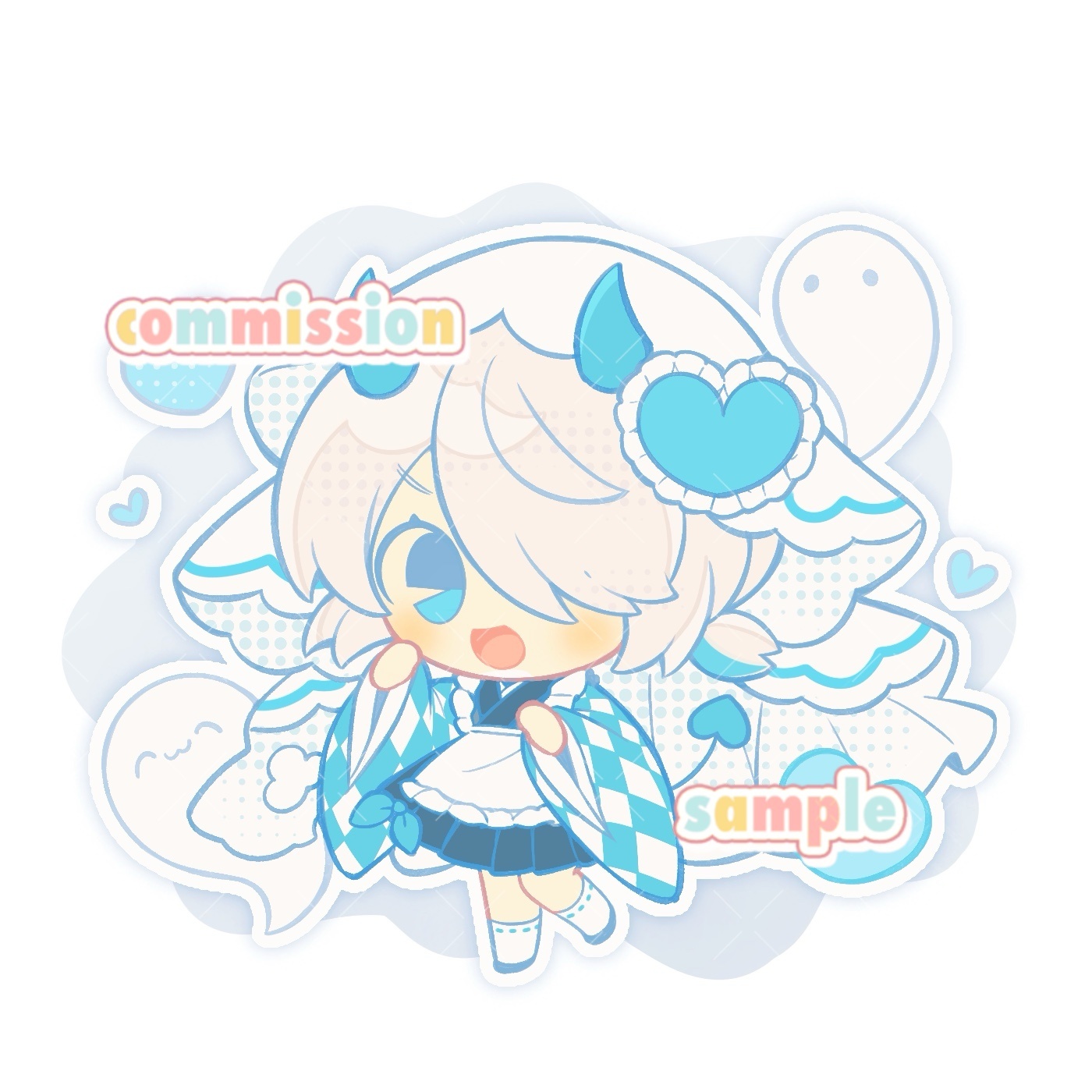 inomo (qimoshu), original, chinese commentary, commentary request, highres, 1girl, :d, apron, black kimono, blue eyes, blue shoes, blush, chibi, chibi only, frilled apron, frills, full body, hair over one eye, headscarf, japanese clothes, kimono, long sleeves, open mouth, outline, ribbon-trimmed socks, ribbon trim, shoes, short hair, smile, socks, solo, standing, white apron, white hair, white headscarf, white outline, white socks, wide sleeves