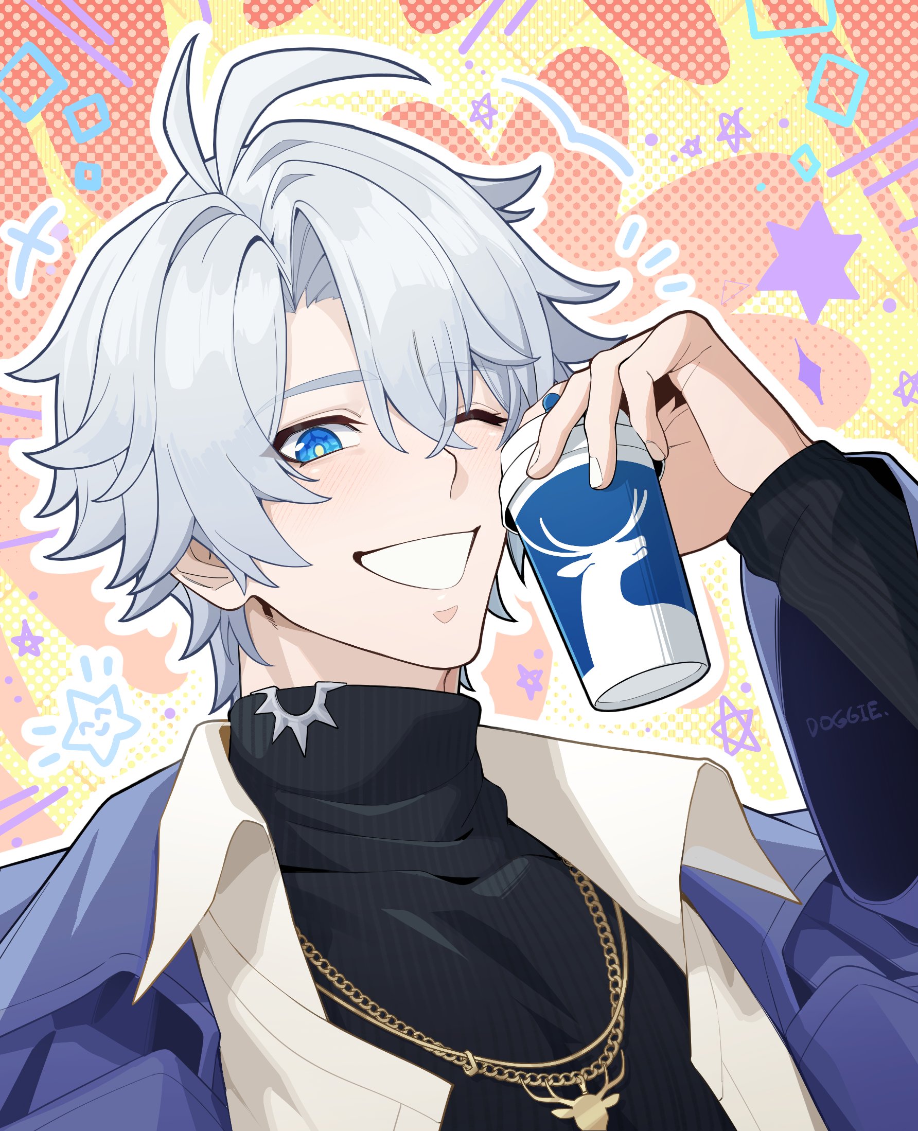 doggie117, phainon (honkai: star rail), honkai: star rail, honkai (series), highres, 1boy, antenna hair, black sweater, blue eyes, coat, cup, grey hair, grin, hair between eyes, holding, holding cup, male focus, official alternate costume, open clothes, open coat, open shirt, parted bangs, phainon (luckin coffee) (honkai: star rail), purple coat, shirt, short hair, smile, solo, sweater, teeth, turtleneck, turtleneck sweater, upper body, white shirt, yellow pupils