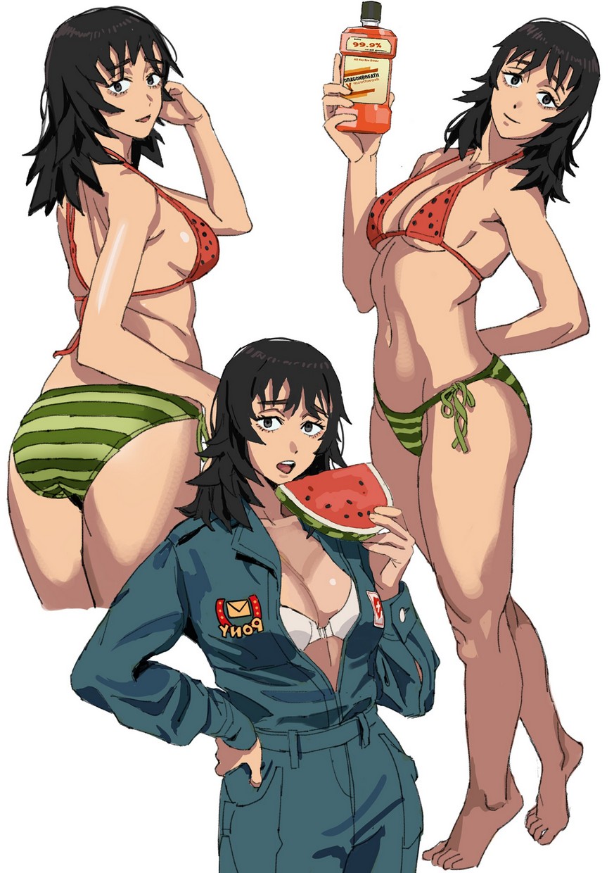 shiren (ourboy83), anya (mouthwashing), mouthwashing, commentary, english commentary, highres, 1girl, aqua jumpsuit, arm behind back, arm up, barefoot, bikini, black hair, bra, breasts, cleavage, cowboy shot, cropped legs, drink, food, food print, fruit, fruit print, full body, grey eyes, hand in own hair, hand on own hip, holding, holding drink, holding food, horseshoe print, jumpsuit, long hair, looking at viewer, looking back, medium breasts, mouthwash, multiple views, navel, open jumpsuit, open mouth, side-tie bikini bottom, simple background, smile, standing, stomach, striped bikini, striped clothes, swimsuit, teeth, underwear, upper teeth only, watermelon, watermelon print, white background, white bra
