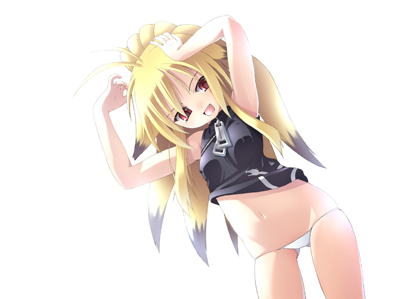 vanity doll, xiaomu, capcom, namco, namco x capcom, 1girl, ahoge, animal ears, antenna hair, armpits, arms up, blonde hair, bottomless, breasts, covered erect nipples, fang, female focus, flat chest, fox ears, long hair, lowleg, lowleg panties, navel, no pants, panties, red eyes, small breasts, smile, solo, underwear, white panties, zipper