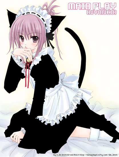 mito erina, chikage (sister princess), sister princess, 00s, 1girl, animal ears, apron, arm support, bed, blush, bow, cat ears, cat tail, dress, female focus, flat chest, frills, jewelry, licking, long hair, maid, maid apron, maid headdress, pendant, ponytail, purple eyes, purple hair, ribbon, sitting, socks, solo, tail, tongue