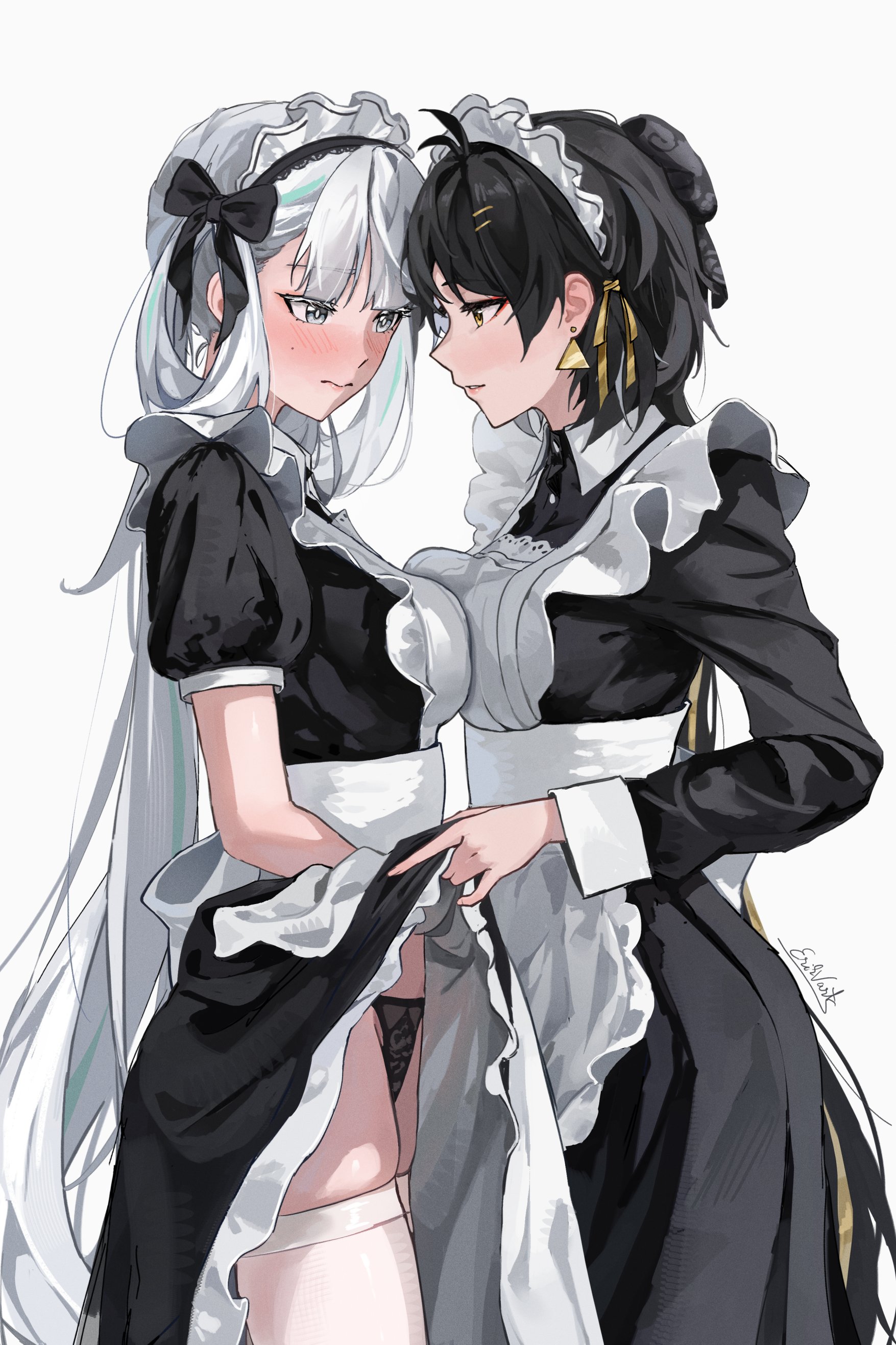 erikvarts, female rover (wuthering waves), jinhsi (wuthering waves), rover (wuthering waves), wuthering waves, absurdres, commentary, english commentary, highres, 2girls, alternate costume, antenna hair, apron, black bow, black dress, black hair, black panties, blush, bow, breast press, breasts, bright pupils, closed mouth, clothes lift, colored eyelashes, cowboy shot, dress, dress lift, earrings, enmaided, from side, hair bow, hair ornament, hair ribbon, hair rings, hairclip, jewelry, lifting another's clothes, long hair, long sleeves, looking at another, low ponytail, maid, maid headdress, medium breasts, mole, mole on cheek, multiple girls, panties, parallel hairclips, parted lips, ponytail, ribbon, short sleeves, signature, simple background, symmetrical docking, thighhighs, thighs, triangle earrings, underwear, very long hair, white background, white eyelashes, white eyes, white hair, white pupils, white thighhighs, yellow eyes, yellow ribbon, yuri