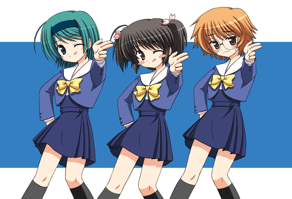 kishi nisen, yamada michiru, yoshioka chie, yuzuhara konomi, jinki, to heart (series), to heart 2, 3girls, :q, ahoge, black hair, black socks, blue eyes, blush, crossover, glasses, green hair, hairband, kneehighs, lineup, multiple girls, one eye closed, orange hair, parody, pink eyes, pointing, short hair, short twintails, skirt, socks, tongue, tongue out, twintails, wink