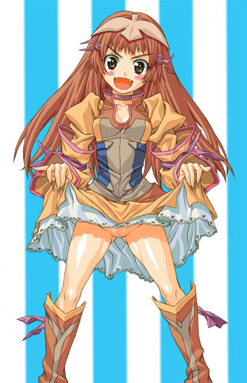 kei (bekei), re mii, zoids, zoids genesis, jpeg artifacts, 00s, 1girl, blush, censored, clothes lift, fangs, female focus, mosaic censoring, no panties, pussy, skirt, skirt lift, solo, v-shaped eyebrows