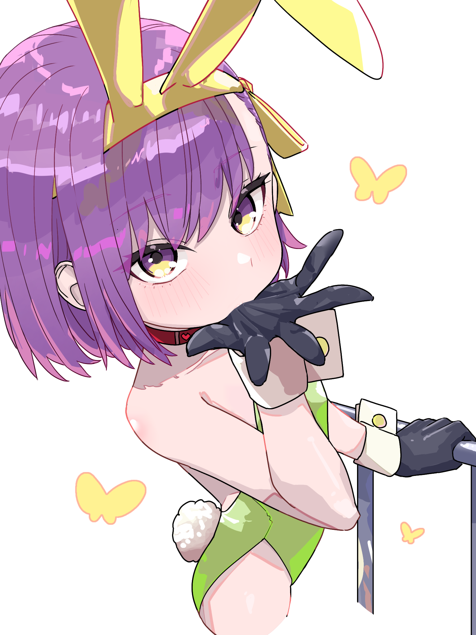 niwaikanai, kazuradrop (fate), fate/grand order, fate (series), highres, 1girl, animal ears, bare shoulders, black gloves, bow, breasts, bug, butterfly, choker, fake animal ears, fake tail, gloves, green leotard, hair bow, hair ribbon, insect, leotard, looking at viewer, playboy bunny, purple eyes, purple hair, rabbit ears, rabbit tail, ribbon, short hair, small breasts, solo, tail, wrist cuffs, yellow bow, yellow ribbon