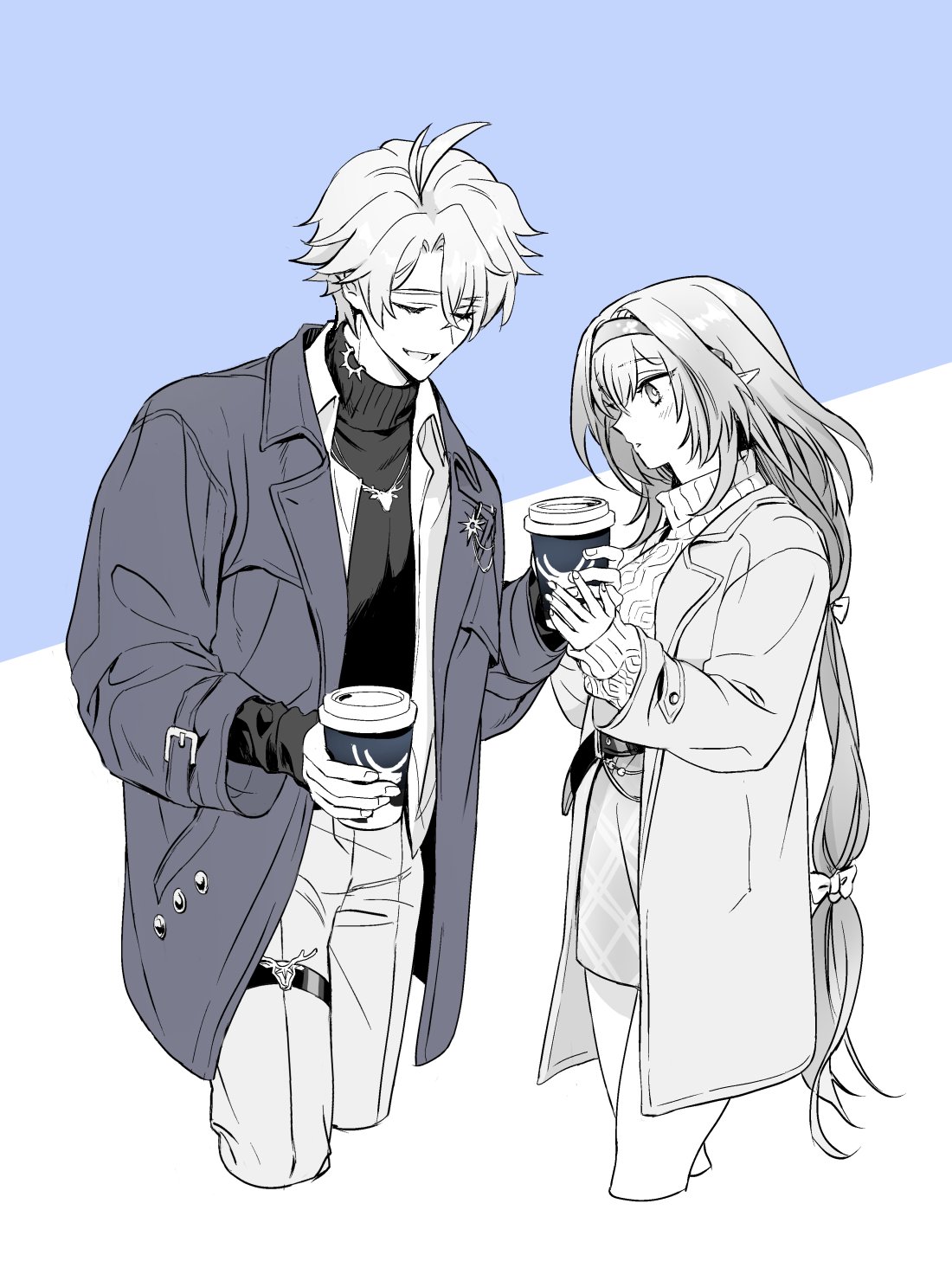 rrrrrin20, castorice (honkai: star rail), phainon (honkai: star rail), honkai: star rail, honkai (series), highres, 1boy, 1girl, antenna hair, black sweater, castorice (luckin coffee) (honkai: star rail), closed eyes, coat, cowboy shot, cup, grey hair, hair between eyes, holding, holding cup, multiple girls, official alternate costume, open clothes, open coat, open shirt, parted bangs, partially colored, phainon (luckin coffee) (honkai: star rail), purple coat, shirt, short hair, smile, sweater, turtleneck, turtleneck sweater, white shirt