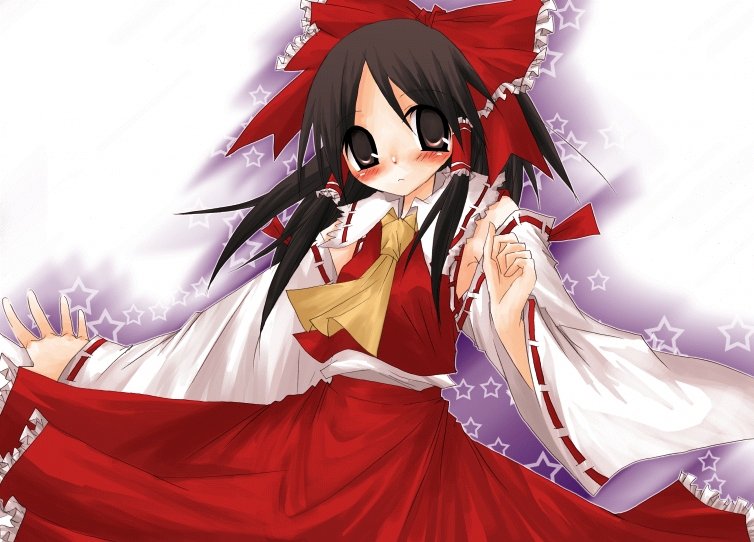 suzushiro kurumi, hakurei reimu, touhou, 1girl, blush, bow, detached sleeves, female focus, hair bow, japanese clothes, miko, necktie, solo, star (symbol), yellow necktie