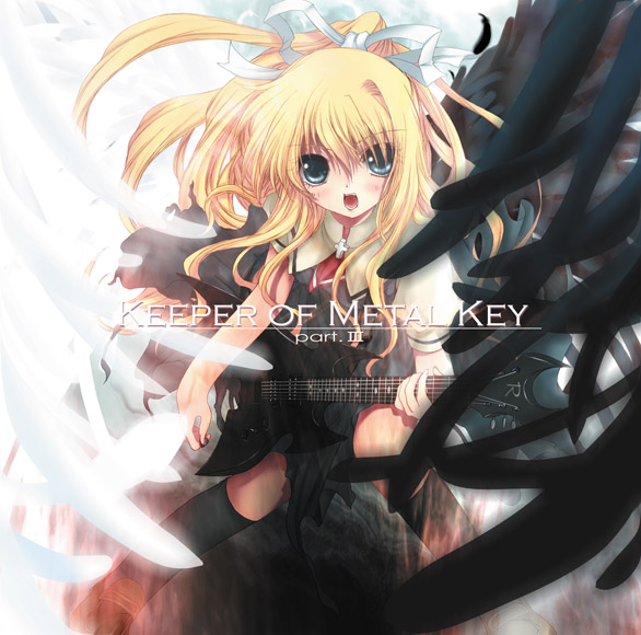odagiri sakura, kamio misuzu, air (visual novel), 00s, 1girl, blonde hair, blue eyes, bow, cross, electric guitar, female focus, guitar, hair bow, instrument, ponytail, solo, wings