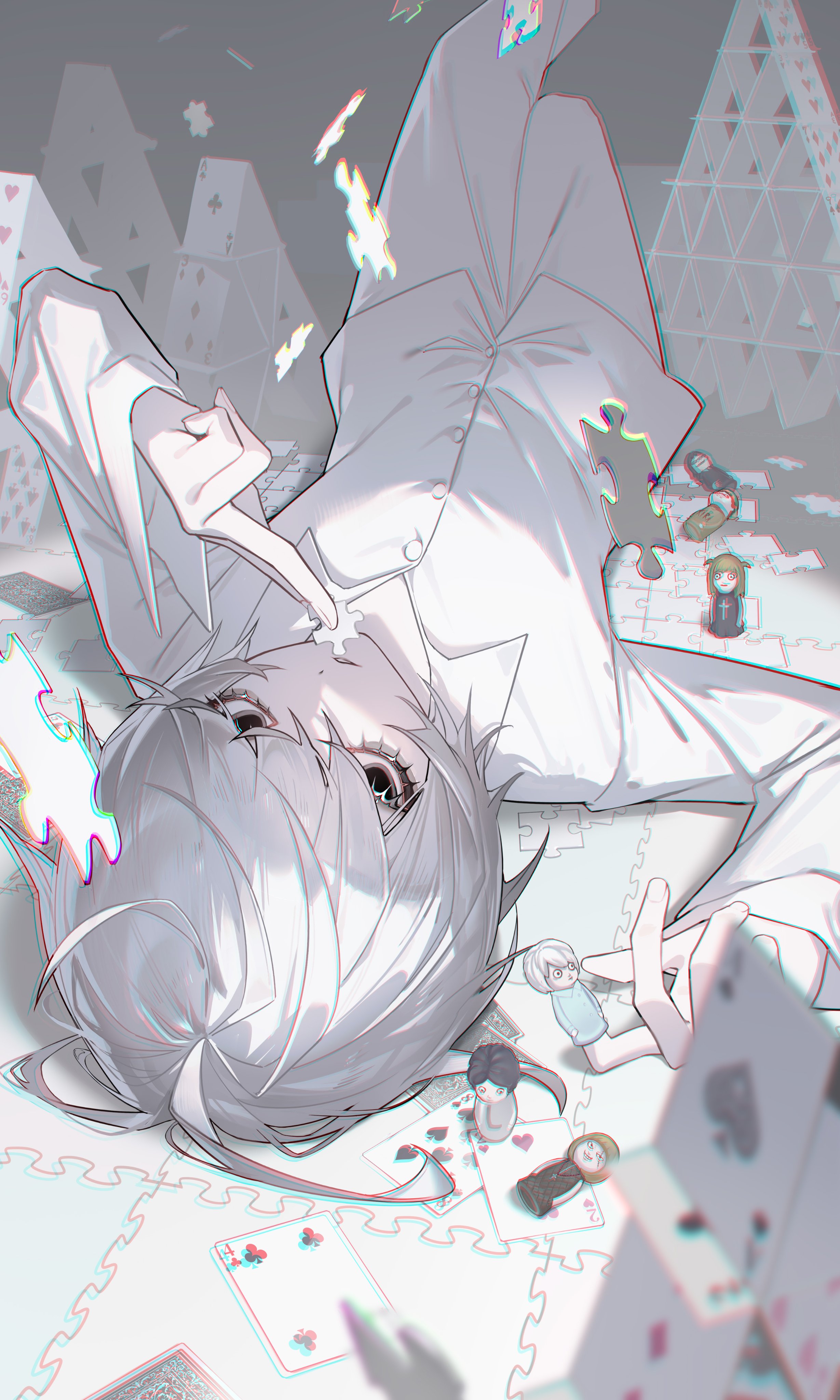 n a994014, near (death note), death note, absurdres, highres, 1boy, antenna hair, buttons, card, character doll, collared shirt, doll, grey hair, hand up, holding puzzle piece, looking at viewer, lying, male focus, on back, pants, playing card, puzzle piece, shirt, short hair, solo, white pants, white shirt