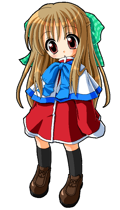 kekyo, kurata sayuri, kanon, 1girl, black socks, bow, brown eyes, brown hair, brown shoes, chibi, chibi only, female focus, full body, hair bow, hair ribbon, half updo, kneehighs, loafers, long hair, red skirt, ribbon, school uniform, serafuku, shawl, shoes, simple background, skirt, socks, solo, standing, white background