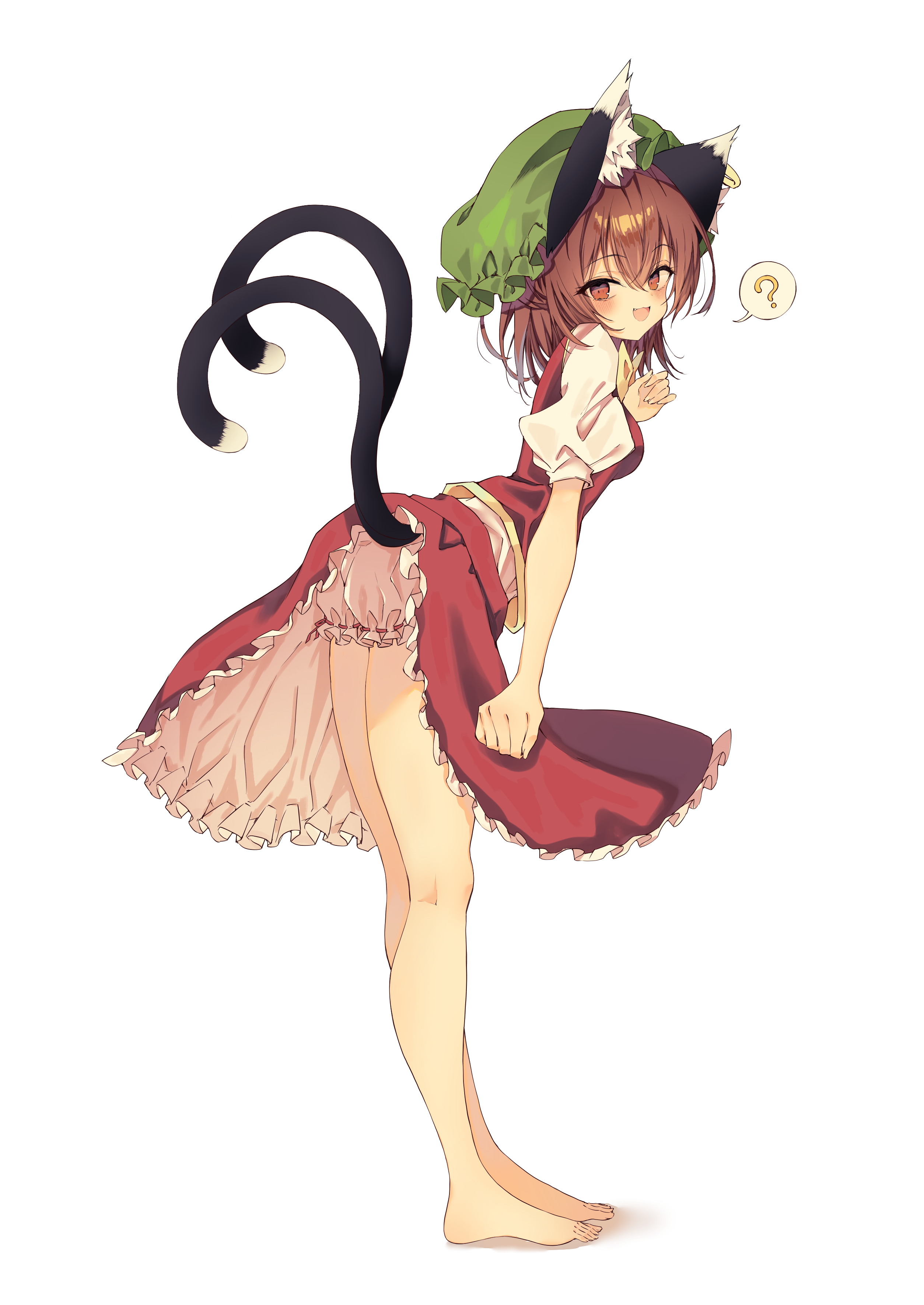 seika okawari, chen, touhou, absurdres, commentary request, highres, 1girl, :d, ?, animal ear fluff, animal ear piercing, animal ears, arm at side, bare legs, barefoot, bent over, bloomers, blush, breasts, brown eyes, brown hair, cat ears, cat tail, earrings, frills, from side, full body, hair between eyes, hand up, hat, jewelry, looking at viewer, looking to the side, mob cap, multiple tails, nekomata, open mouth, petticoat, puffy short sleeves, puffy sleeves, red skirt, red vest, short sleeves, simple background, single earring, skirt, skirt set, small breasts, smile, solo, spoken question mark, standing, tail, two tails, underwear, upskirt, vest, white background