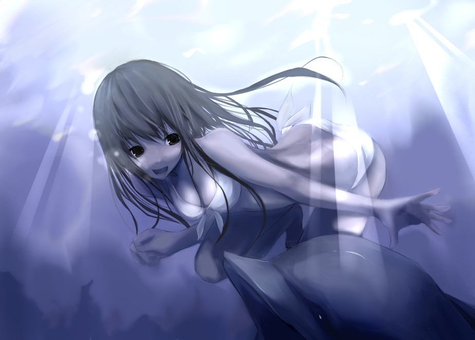 akahoshi kenji, original, 1girl, bikini, black eyes, black hair, breasts, bubble, cleavage, dolphin, female focus, freediving, front-tie top, light rays, long hair, open mouth, side-tie bikini bottom, solo, sunbeam, sunlight, swimsuit, underwater, water