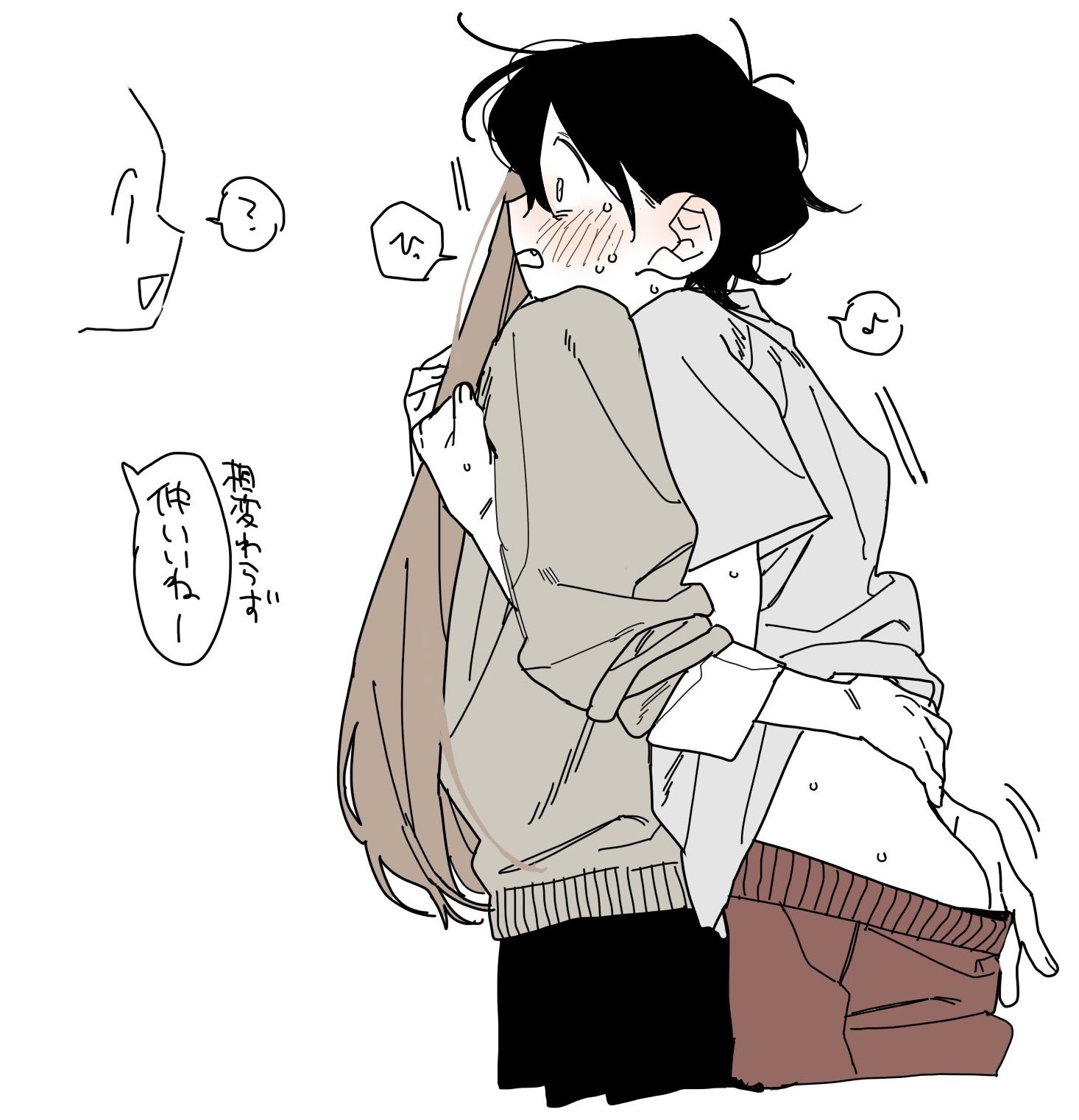 dayama, original, highres, translation request, 1boy, 1girl, 1other, ?, blush, brown hair, brown sweater, cowboy shot, flat color, grey shirt, hand on another's ass, hetero, hug, long hair, looking at viewer, musical note, open mouth, pants, red pants, shirt, short hair, simple background, speech bubble, spoken musical note, spoken question mark, sweat, sweater, white background