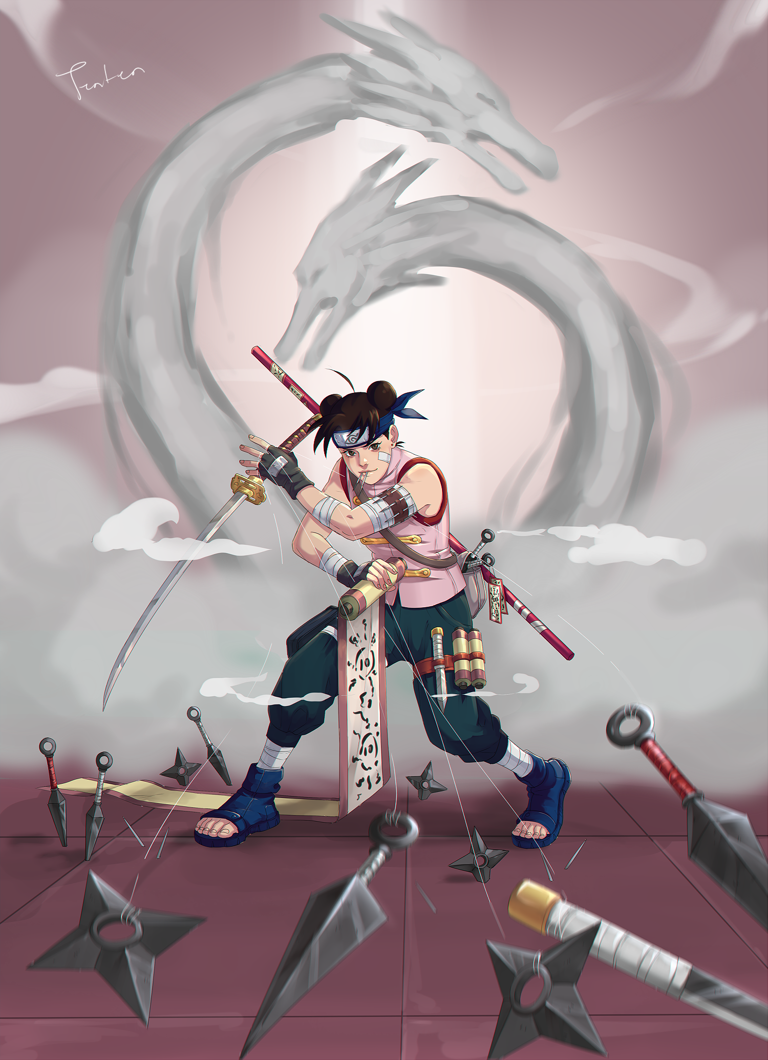 tenten (naruto), naruto (classic), naruto (series), highres, 1girl, babapay, bandaid, bandaid on face, black gloves, bo staff, brown eyes, brown hair, closed mouth, fingerless gloves, forehead protector, full body, gloves, green pants, katana, knife, konohagakure symbol, kunai, looking at viewer, ninja, pants, pink shirt, planted, planted knife, planted weapon, sandals, shirt, shuriken, sleeveless, smile, solo, standing, sword, tile floor, tiles, weapon
