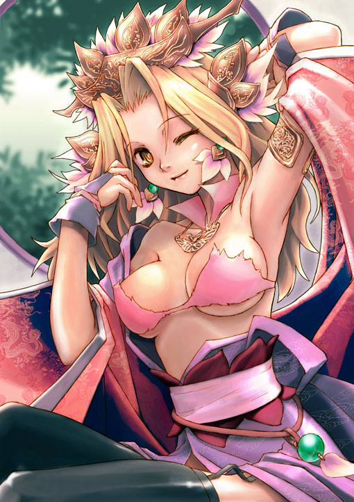 nasca, ongaku nasca, kankougou, sangokushi taisen, 1girl, adjusting hair, arm up, armlet, armpits, bandeau, belt, black thighhighs, blonde hair, bra, breasts, bridal gauntlets, chinese clothes, female focus, garter belt, garter straps, hair ornament, headdress, jewelry, large breasts, lingerie, lipstick, long hair, makeup, nature, necklace, off shoulder, one eye closed, open clothes, open shirt, outdoors, pink bra, shawl, shirt, sitting, smile, solo, thighhighs, underboob, underwear, wink, yellow eyes