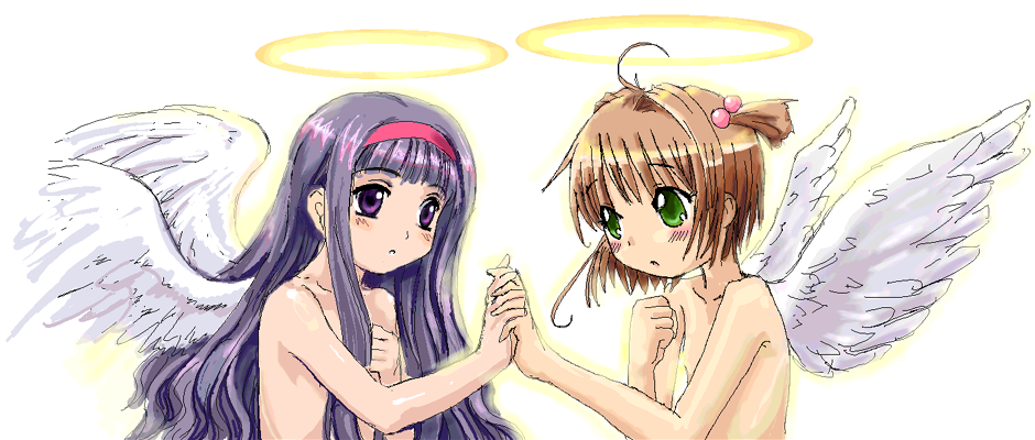 mutsuki (moonknives), daidouji tomoyo, kinomoto sakura, cardcaptor sakura, kodansha, 1990s (style), 2girls, angel, blunt bangs, completely nude, flat chest, hair bobbles, hair ornament, halo, headband, hime cut, holding hands, interlocked fingers, kodomo doushi, loli, long hair, multiple girls, nude, oekaki, retro artstyle, topless female, traditional halo, upper body, wings, yuri