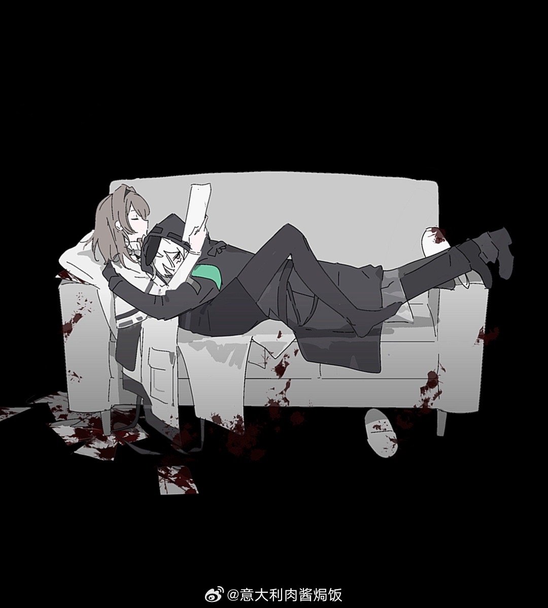 paopp9961, doctor (arknights), priestess (arknights), arknights, 1girl, 1other, ambiguous gender, artist name, black background, black coat, black pants, black pantyhose, black skirt, brown hair, capelet, coat, couch, gloves, hood, hood up, hooded coat, hug, long hair, long sleeves, lying on person, on couch, pants, pantyhose, simple background, sketch, skirt, watermark, weibo username, weibo watermark, white hair