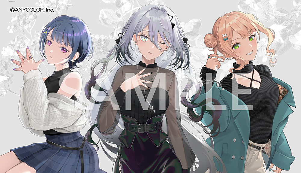 takashi (huzakenna), kaburaki roco, koshimizu toru, sophia valentine, nijisanji, official art, 3girls, :|, above-cleavage cutout, aqua eyes, aqua jacket, aqua nails, arm at side, bare shoulders, belt, belt buckle, black belt, black dress, black hair, black nails, black sweater, blonde hair, blue hair, blue skirt, blunt bangs, bow, braid, buckle, chain, chain bracelet, chain necklace, choppy bangs, closed mouth, clothing cutout, collarbone, colored tips, copyright notice, cowboy shot, criss-cross halter, cropped jacket, diamond hair ornament, double bun, dress, earrings, floral background, green eyes, grey background, grey hair, grin, hair between eyes, hair bow, hair bun, hair intakes, hair ornament, hairclip, halterneck, hand on own chest, hand up, head tilt, jacket, jacket partially removed, jewelry, lapels, long hair, long hair between eyes, long sleeves, looking at viewer, looking to the side, miniskirt, mole, mole under each eye, mole under eye, mole under mouth, multicolored hair, multiple girls, multiple moles, multiple rings, nail polish, necklace, notched lapels, one eye closed, open clothes, open jacket, own hands together, palms together, pants, parted lips, pencil dress, pendant, plaid clothes, plaid jacket, plaid skirt, purple eyes, purple nails, ring, sample watermark, see-through clothes, see-through sleeves, shirt, short hair, short twintails, side braids, sidelocks, sideways glance, sitting, skirt, sleeveless, sleeveless turtleneck, smile, standing, stud earrings, sweater, sweater jacket, triangle hair ornament, turtleneck, turtleneck shirt, turtleneck sweater, twintails, twirling hair, two-sided fabric, two-sided jacket, virtual youtuber, watermark, wavy hair, white jacket, white pants, wolf cut