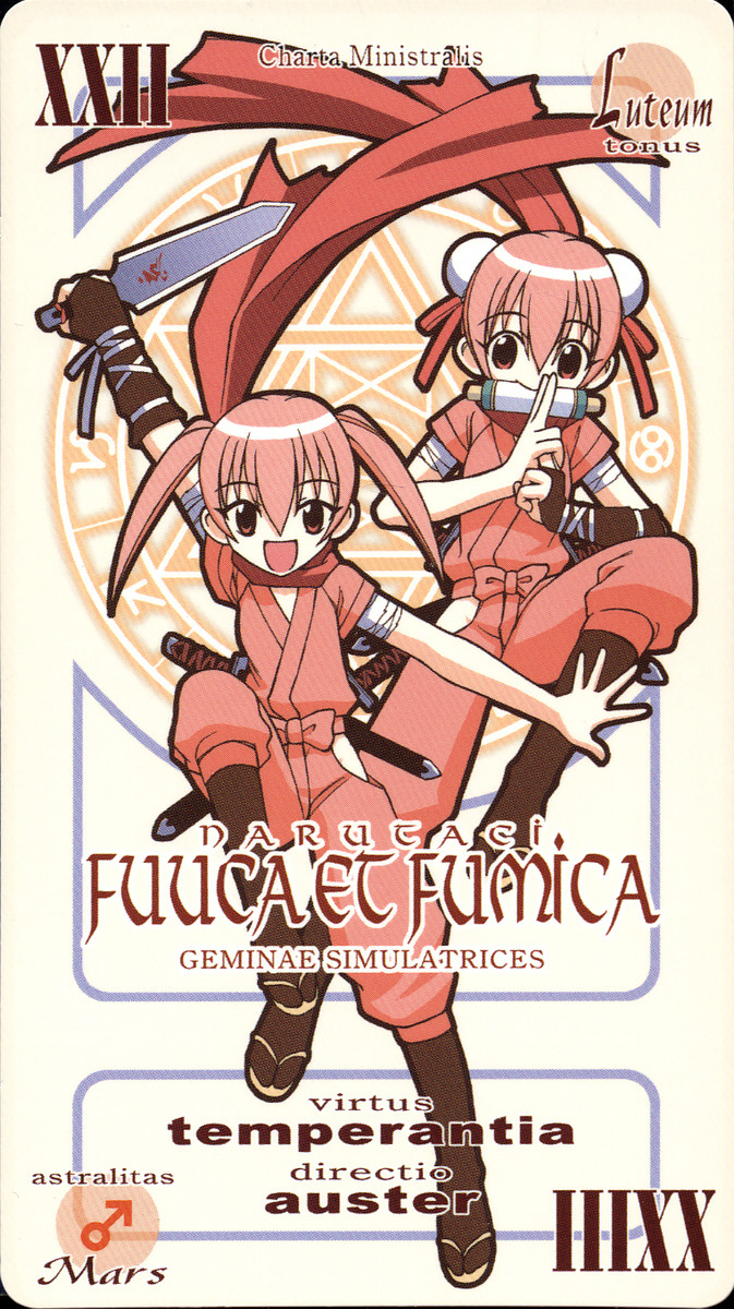 akamatsu ken, narutaki fumika, narutaki fuuka, mahou sensei negima!, highres, official art, scan, scan artifacts, 00s, 2girls, :d, arm up, bandages, bridal gauntlets, bun cover, card, card (medium), character name, clothing cutout, cross-laced clothes, double bun, flat chest, full body, hair between eyes, hair bun, hexagram, hip vent, holding, holding weapon, jumping, kuji-in, latin text, long hair, magic circle, mars symbol, mouth hold, multiple girls, multiple swords, ninja, open mouth, own hands together, pactio, pink eyes, pink hair, ribbon, roman numeral, scarf, scroll, sheath, sheathed, short hair, short sleeves, short sword, siblings, side cutout, sisters, smile, sword, twins, twintails, weapon, wrist ribbon