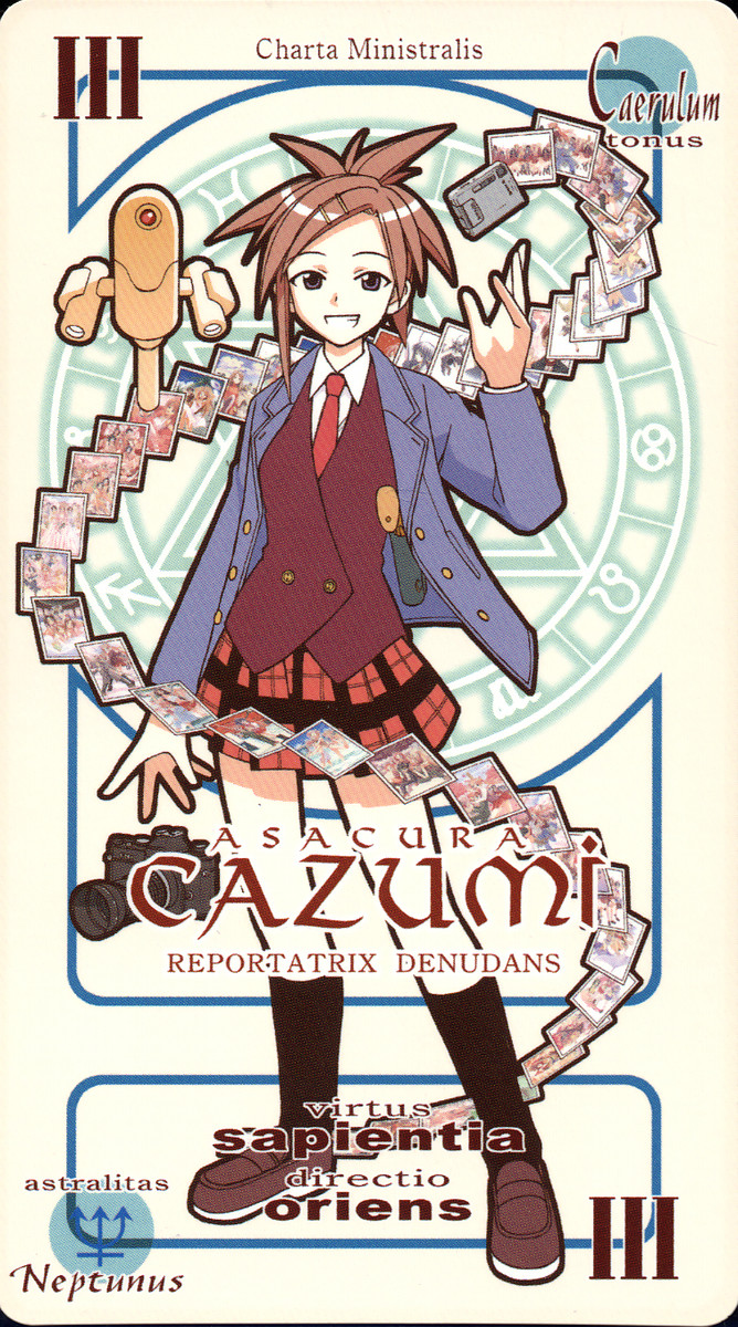 akamatsu ken, asakura kazumi, mahou sensei negima!, highres, 00s, camera, card, card (medium), character name, hair ornament, hairclip, latin text, magic circle, occulus corvinus, pactio, photo (object), plaid clothes, plaid skirt, school uniform, serafuku, skirt, solo