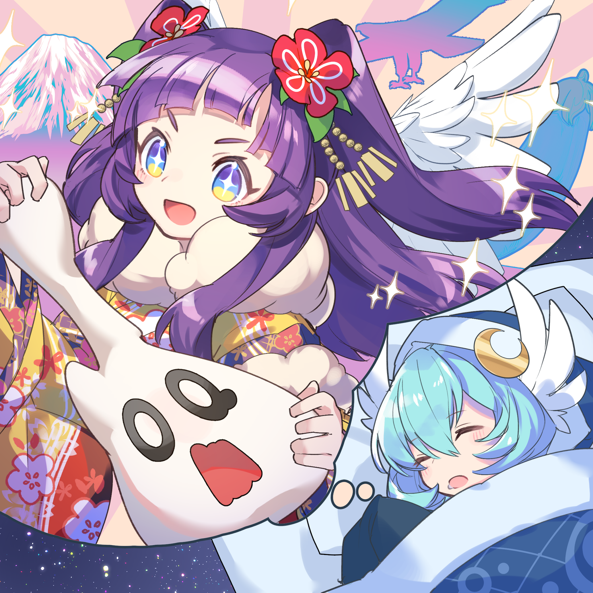 kuuron (moesann17), character request, highres, angel wings, blue eyes, blue hair, dreaming, flower, hair flower, hair ornament, head wings, japanese clothes, kimono, long hair, purple hair, sleeping, speech bubble, star (symbol), thought bubble, wings