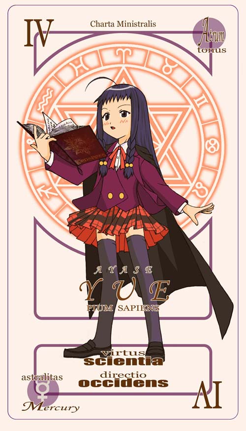 ayase yue, mahou sensei negima!, 00s, 1girl, card, card (medium), female focus, mercury symbol, pactio, plaid clothes, plaid skirt, skirt, solo, thighhighs