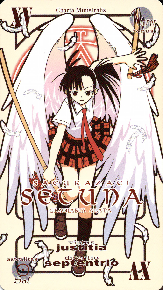 akamatsu ken, sakurazaki setsuna, mahou sensei negima!, highres, 00s, 1girl, brown eyes, card (medium), character name, dual wielding, female focus, holding, latin text, magic circle, pactio, plaid clothes, plaid skirt, ponytail, school uniform, sica shishikushiro, side ponytail, skirt, solo, sword, weapon, wings