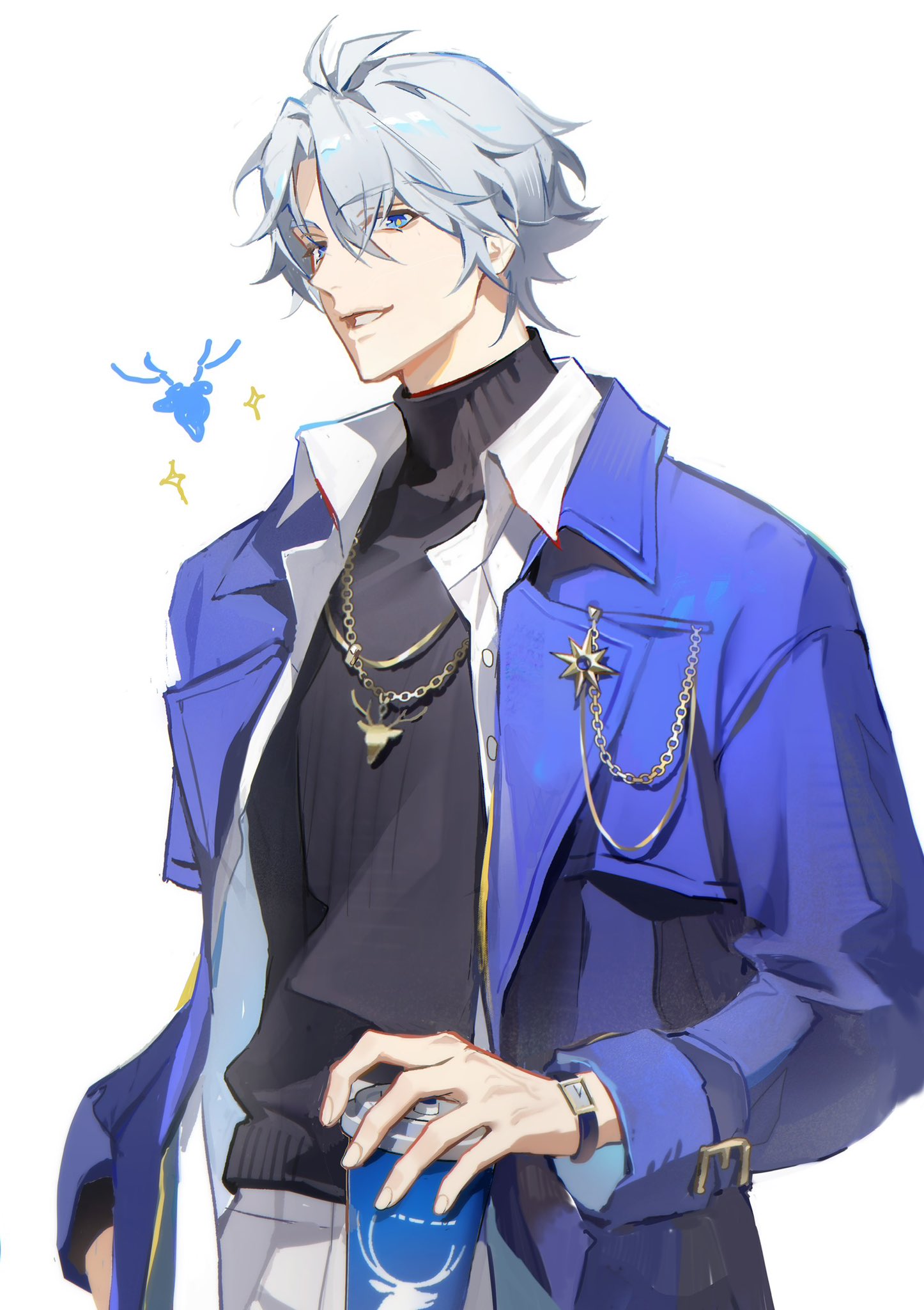 neru (jojo86080879), phainon (honkai: star rail), honkai: star rail, honkai (series), highres, 1boy, antenna hair, black sweater, blue eyes, coat, cowboy shot, cup, grey hair, grin, hair between eyes, hand in pocket, holding, holding cup, looking at viewer, male focus, official alternate costume, open clothes, open coat, open shirt, pants, parted bangs, phainon (luckin coffee) (honkai: star rail), purple coat, shirt, short hair, simple background, smile, solo, sparkle, standing, sweater, teeth, turtleneck, turtleneck sweater, white background, white pants, white shirt, yellow pupils